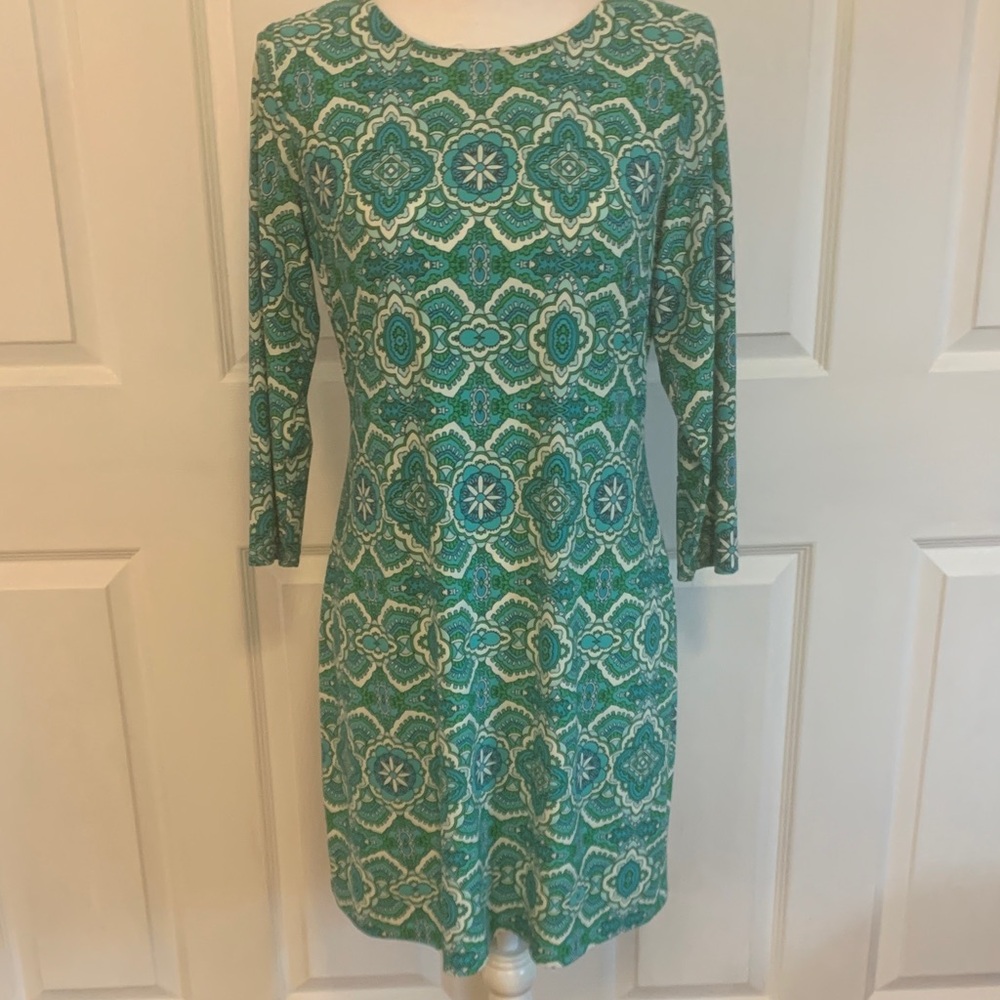 Tommy Hilfiger Teal and White Long Sleeve Dress